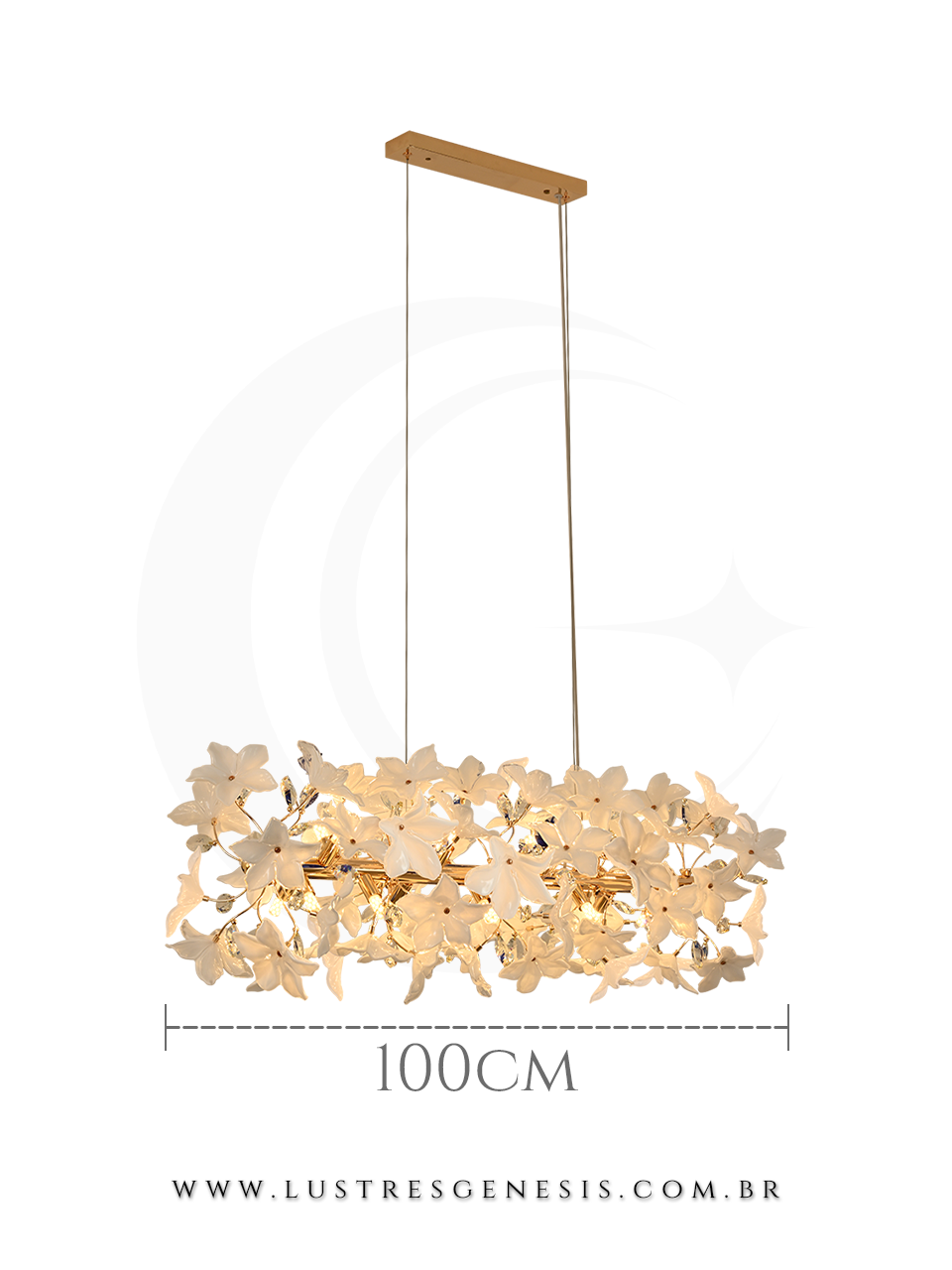 Lustre Pendente Retangular Flor de Lírio dourado e vidro branco com Lâmpada G9 Para Sala de Jantar